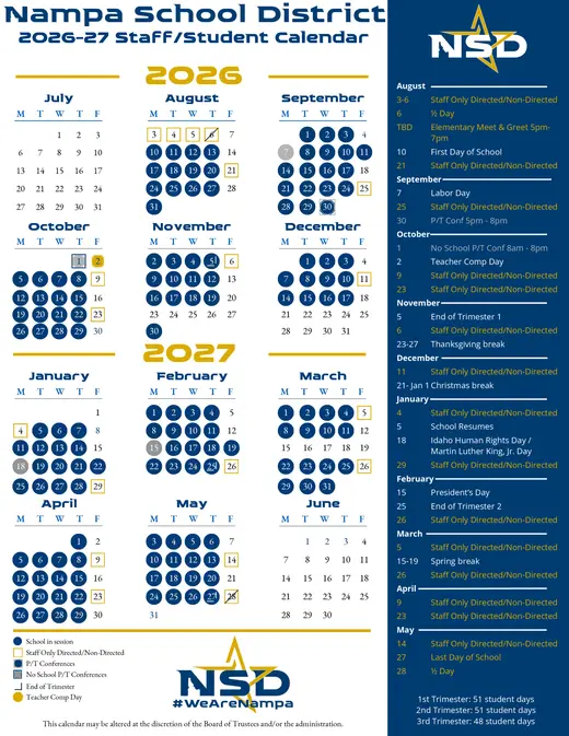 Nampa School District 2026–2027 Academic Calendar