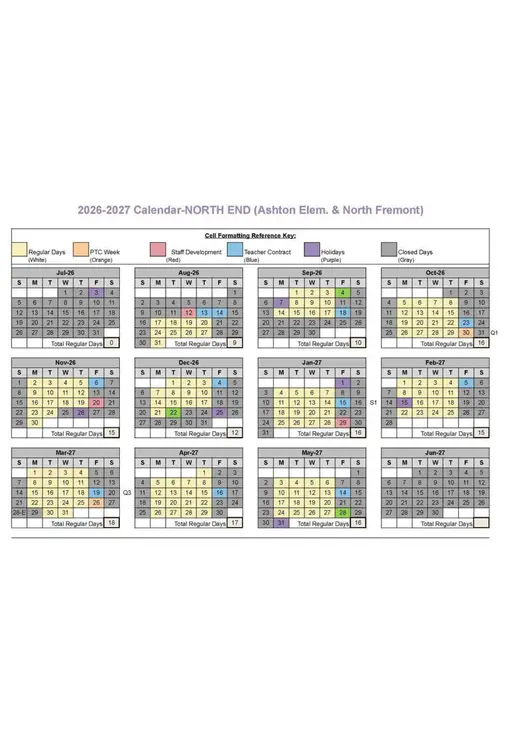 NORTH END (Ashton Elem. &amp; North Fremont) 2026–2027 Academic Calendar