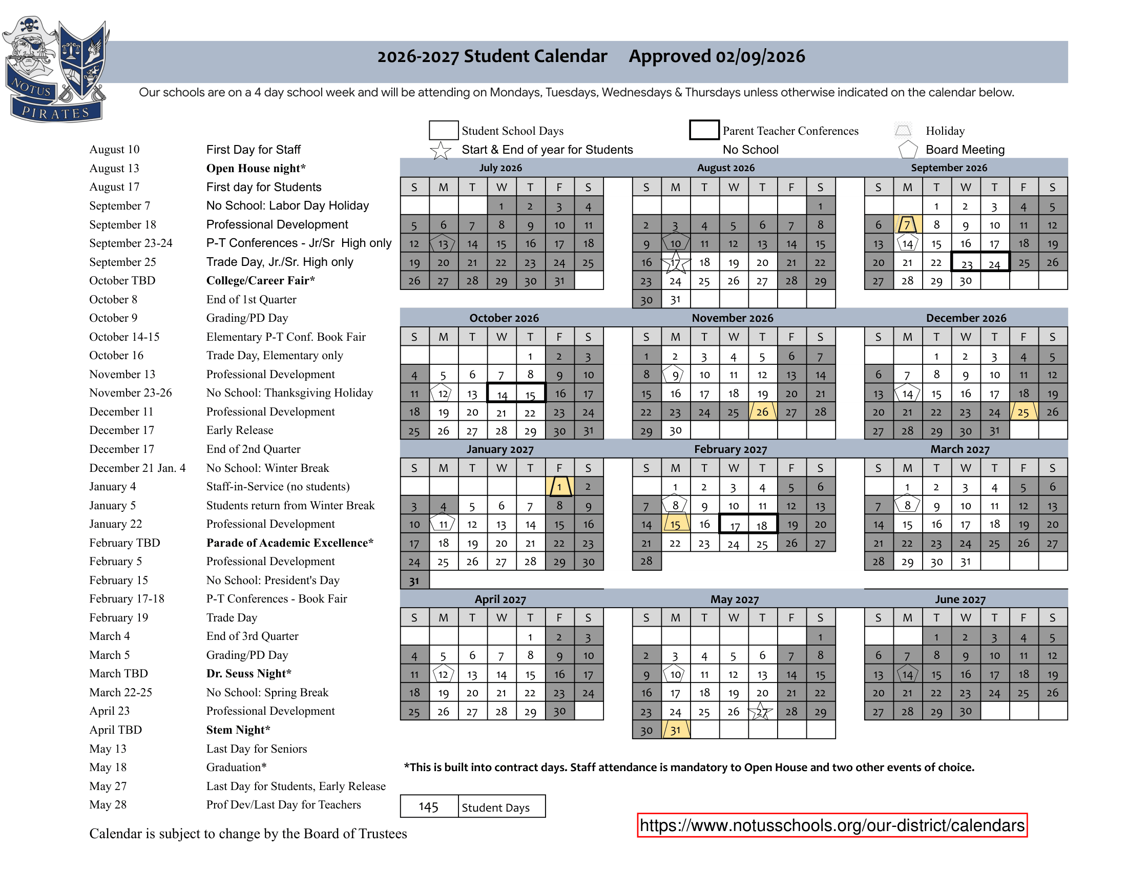 Notus School District 2026-2027 Academic Calendar
