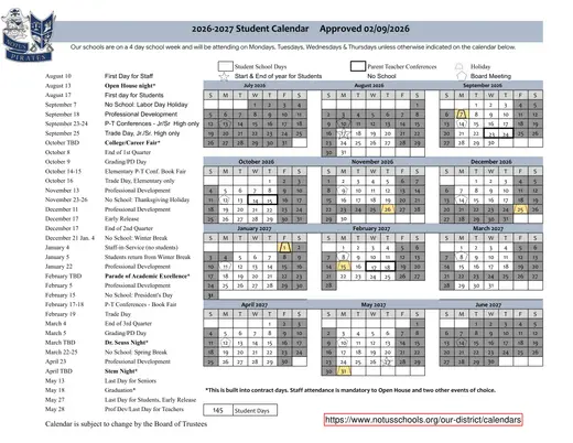 Notus School District 2026–2027 Academic Calendar