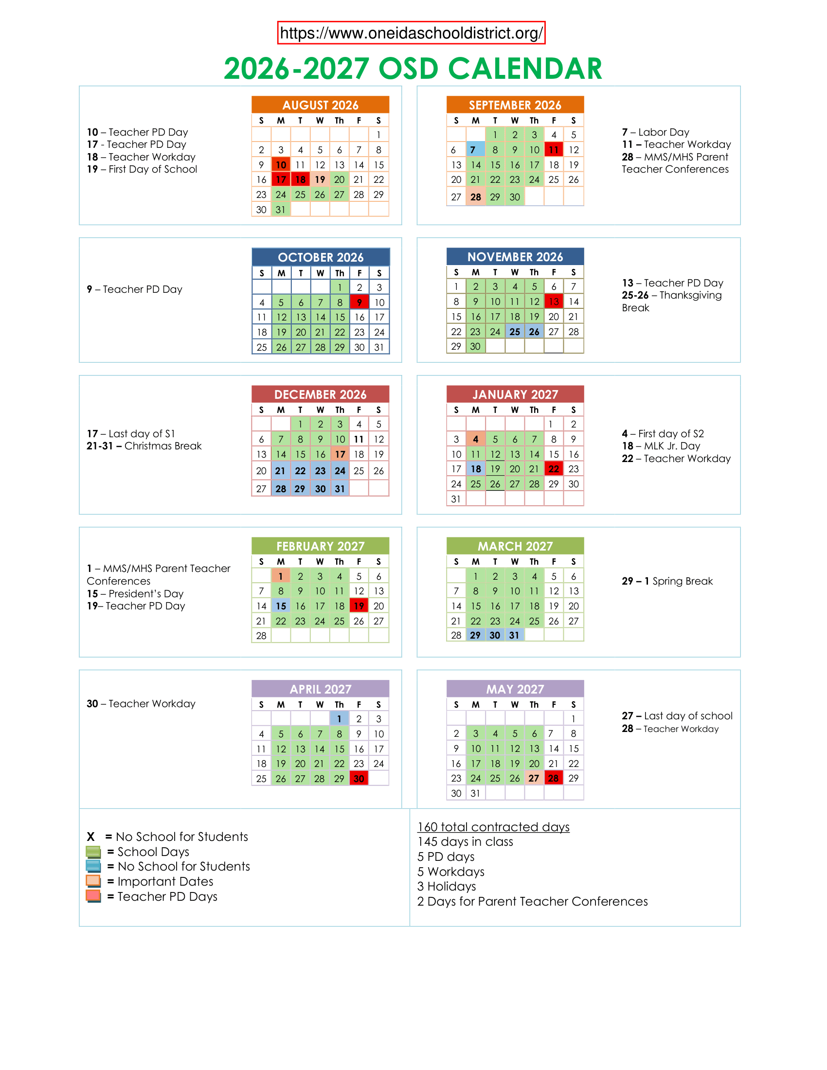 Oneida School District 2026-2027 Academic Calendar