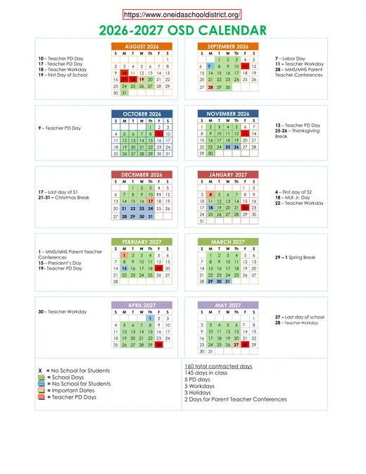 Oneida School District 2026–2027 Academic Calendar