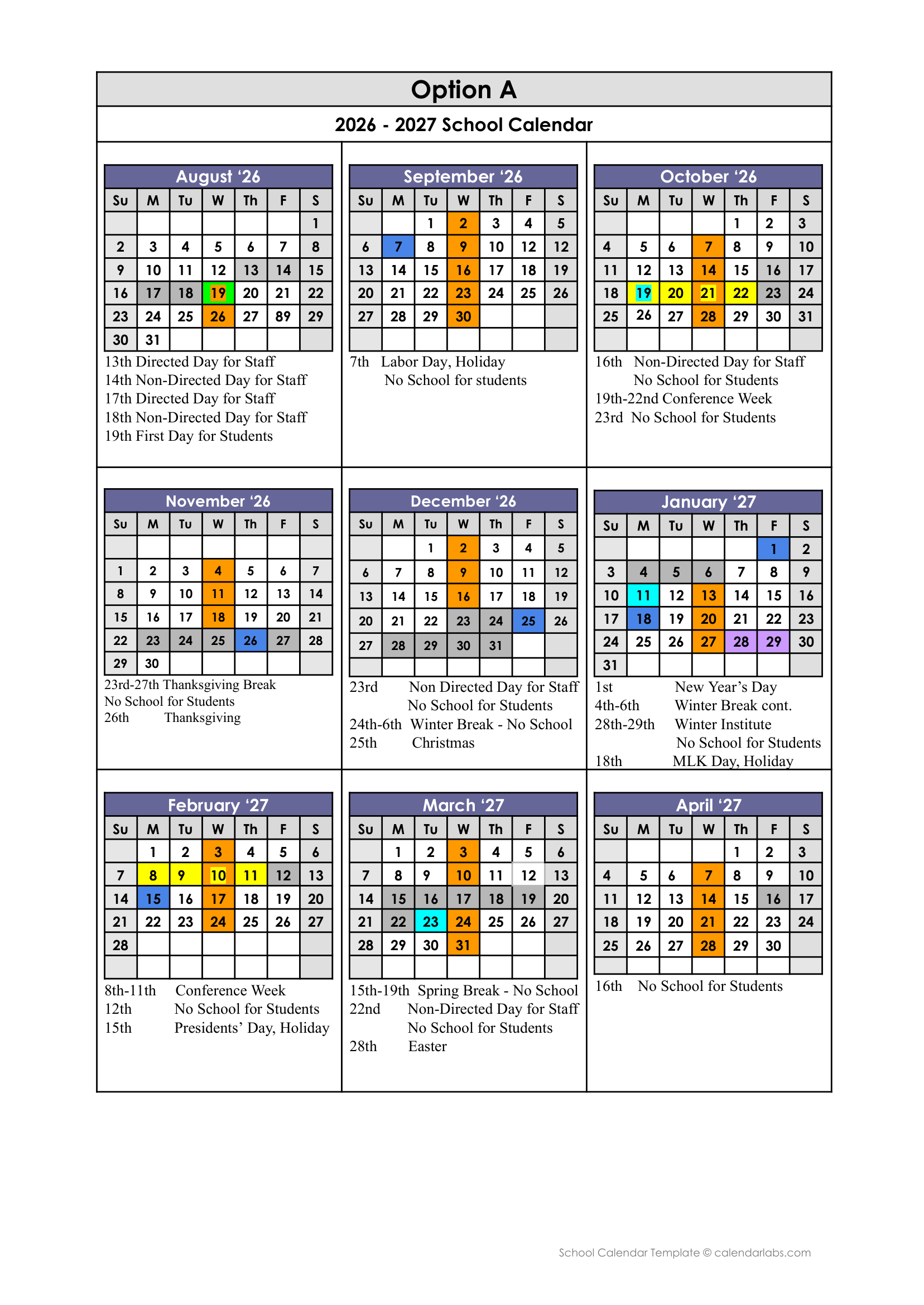 Option A 2026 - 2027 School 2026-2027 Academic Calendar Page 1