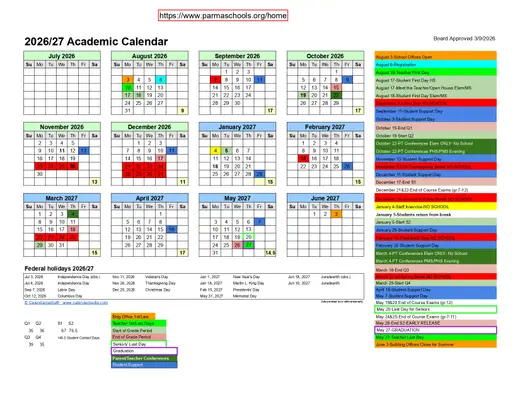 Parma City Schools 2026–2027 Academic Calendar