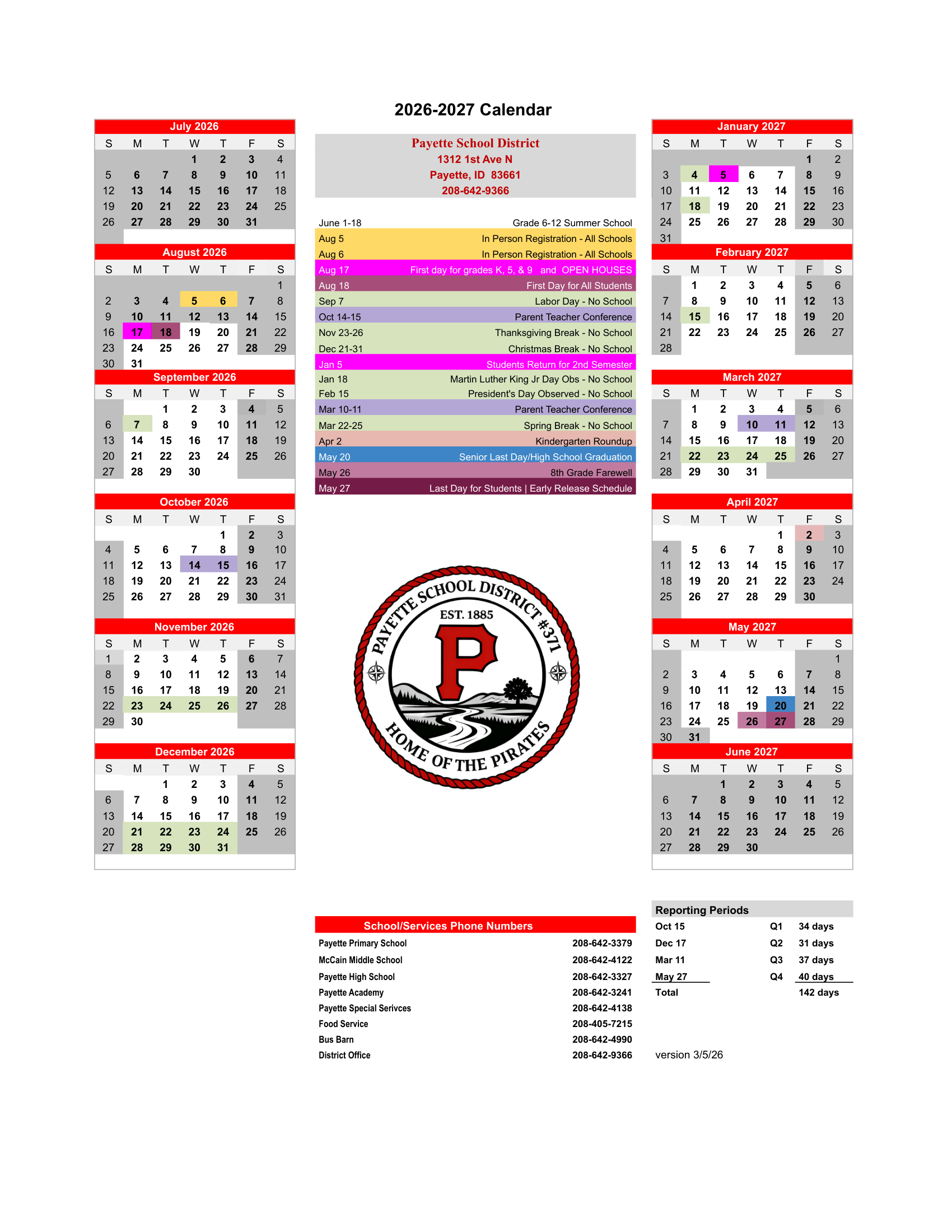 Payette School District 2026-2027 Academic Calendar