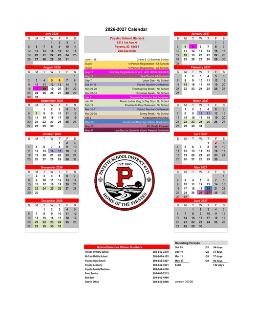 Payette School District 2026–2027 Academic Calendar