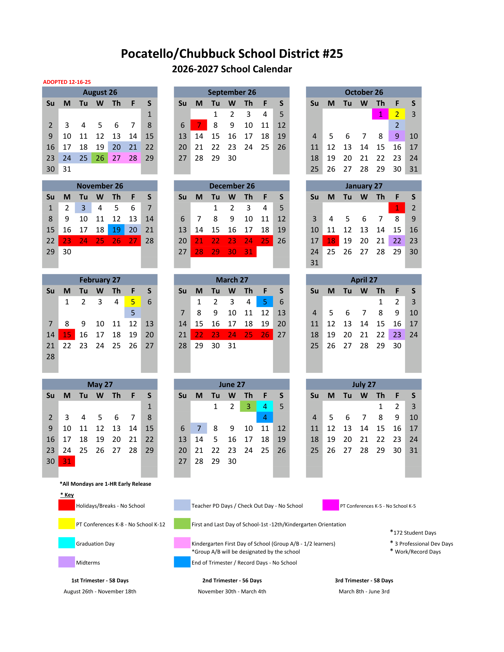 Pocatello-Chubbuck School District #25 2026-2027 Academic Calendar