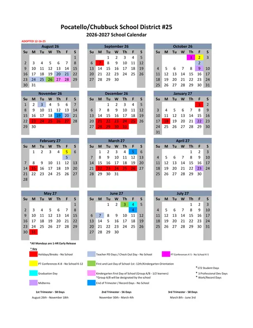Pocatello-Chubbuck School District #25 2026–2027 Academic Calendar