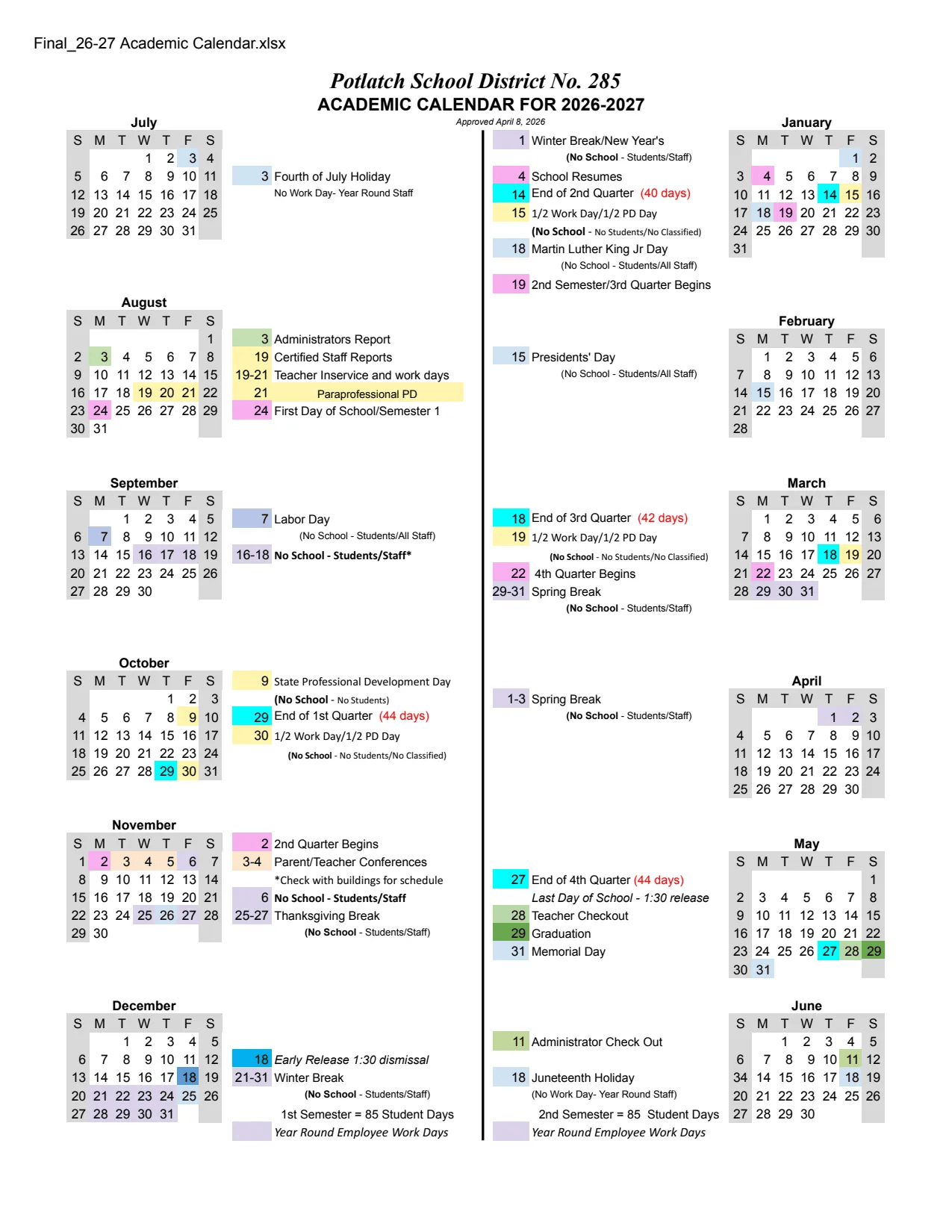 Potlatch School District No. 285 2026-2027 Academic Calendar