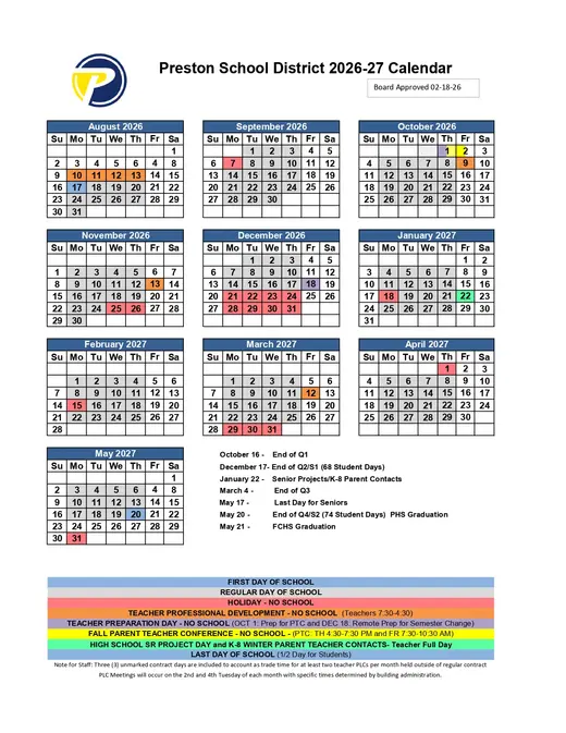 Preston School District 2026–2027 Academic Calendar