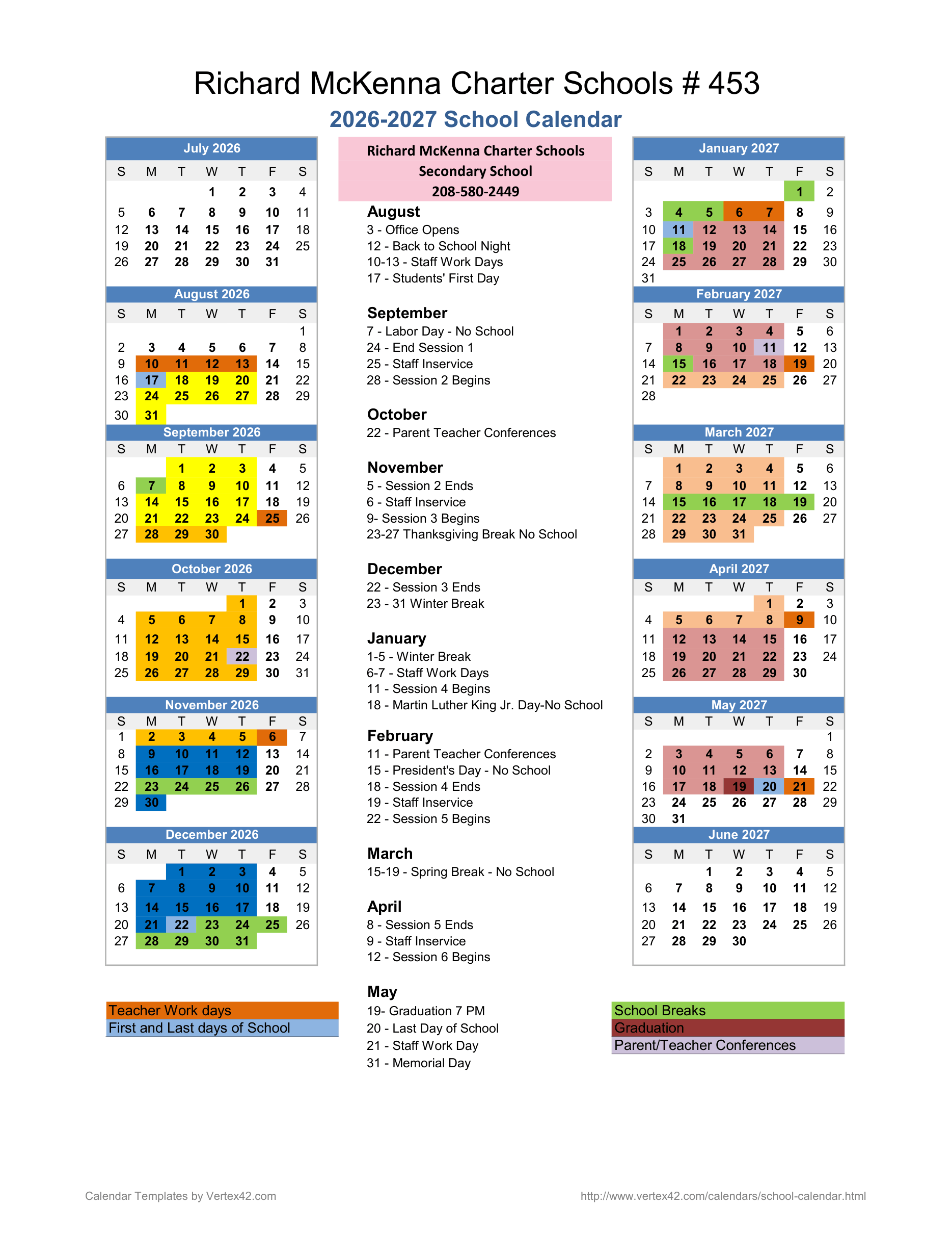 Richard McKenna Charter Schools #453 Secondary School 2026-2027 Academic Calendar