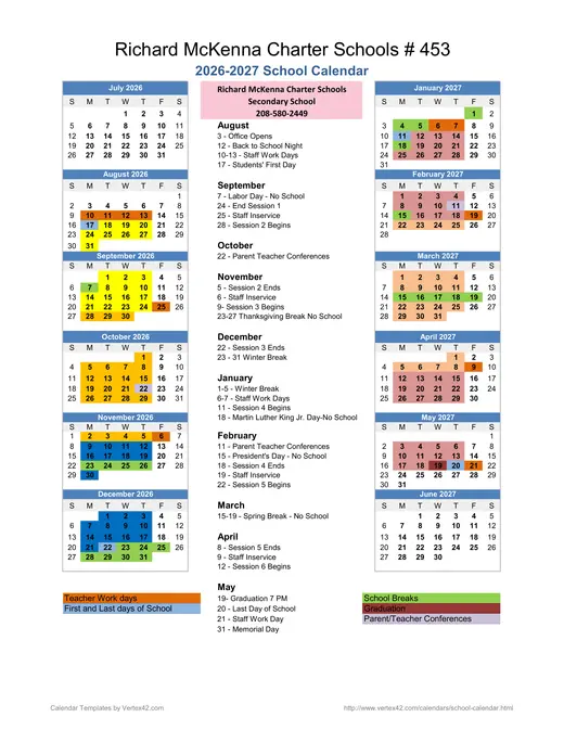 Richard McKenna Charter Schools #453 Secondary School 2026–2027 Academic Calendar
