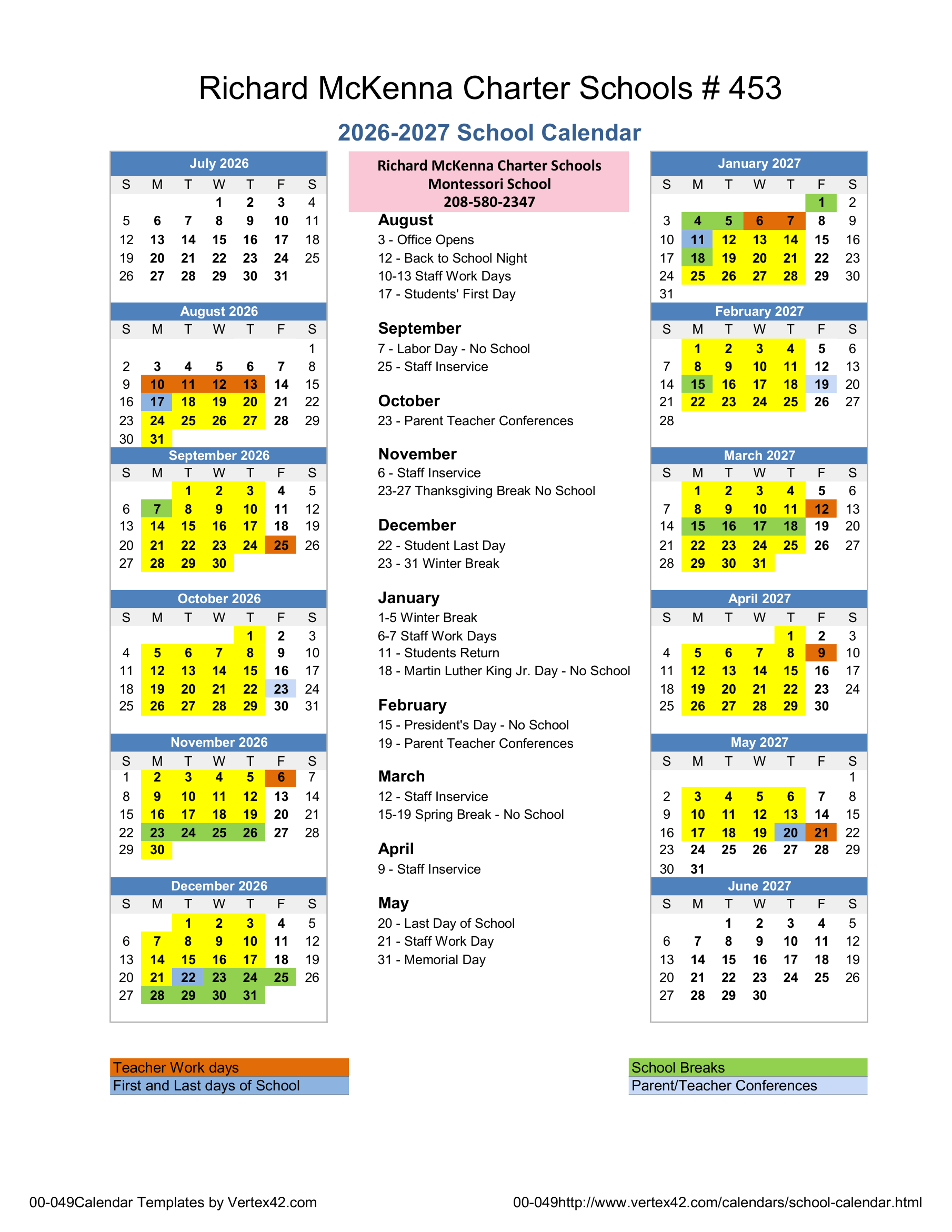 Richard McKenna Charter Schools # 453 2026-2027 Academic Calendar