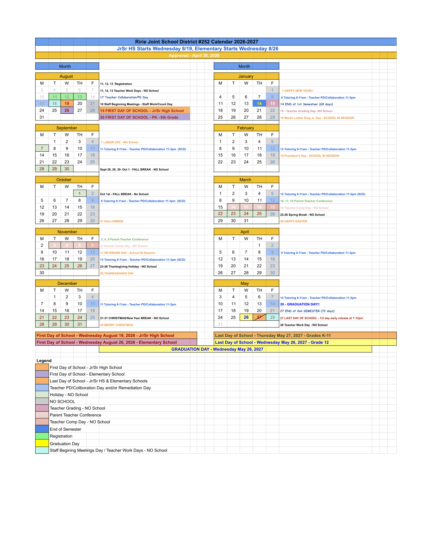 Ririe Joint School District #252 2026-2027 Academic Calendar