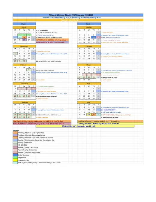 Ririe Joint School District #252 2026–2027 Academic Calendar