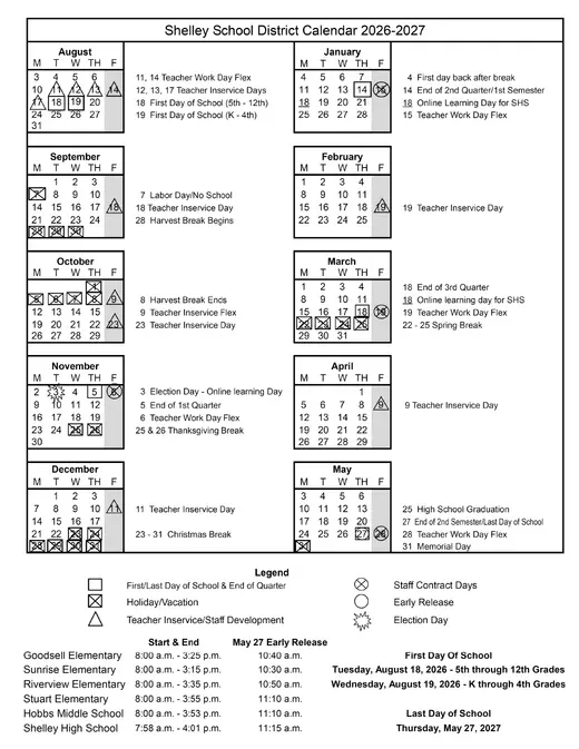 Shelley School District 2026–2027 Academic Calendar
