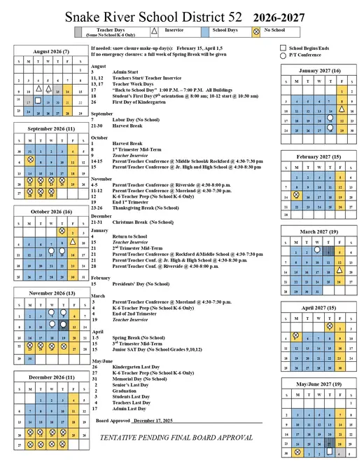 Snake River School District 52 2026–2027 Academic Calendar