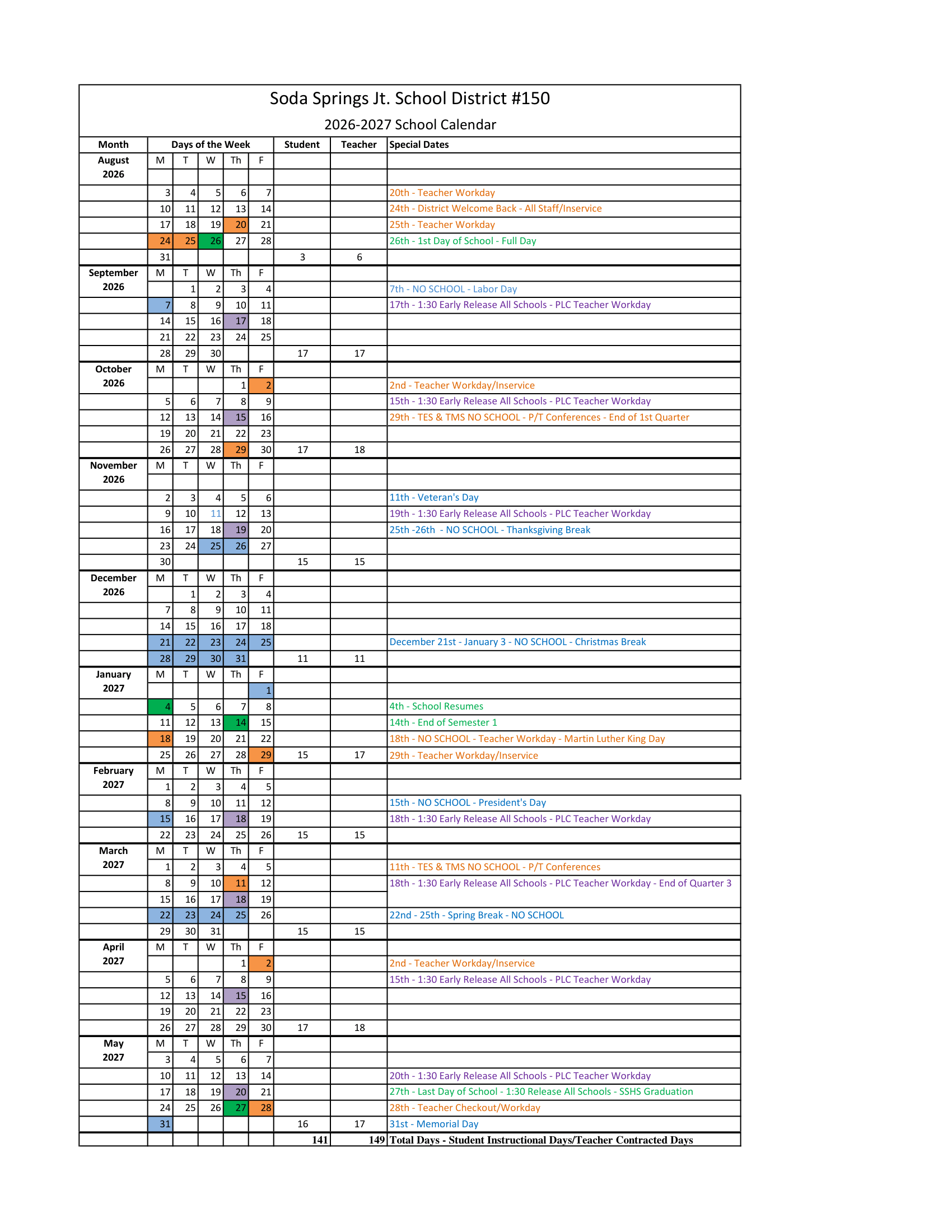 Soda Springs Jt. School District #150 2026-2027 Academic Calendar