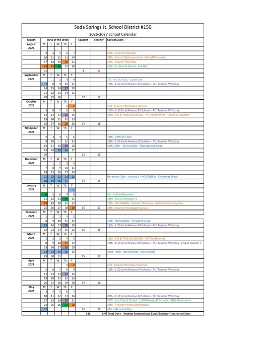 Soda Springs Jt. School District #150 2026–2027 Academic Calendar