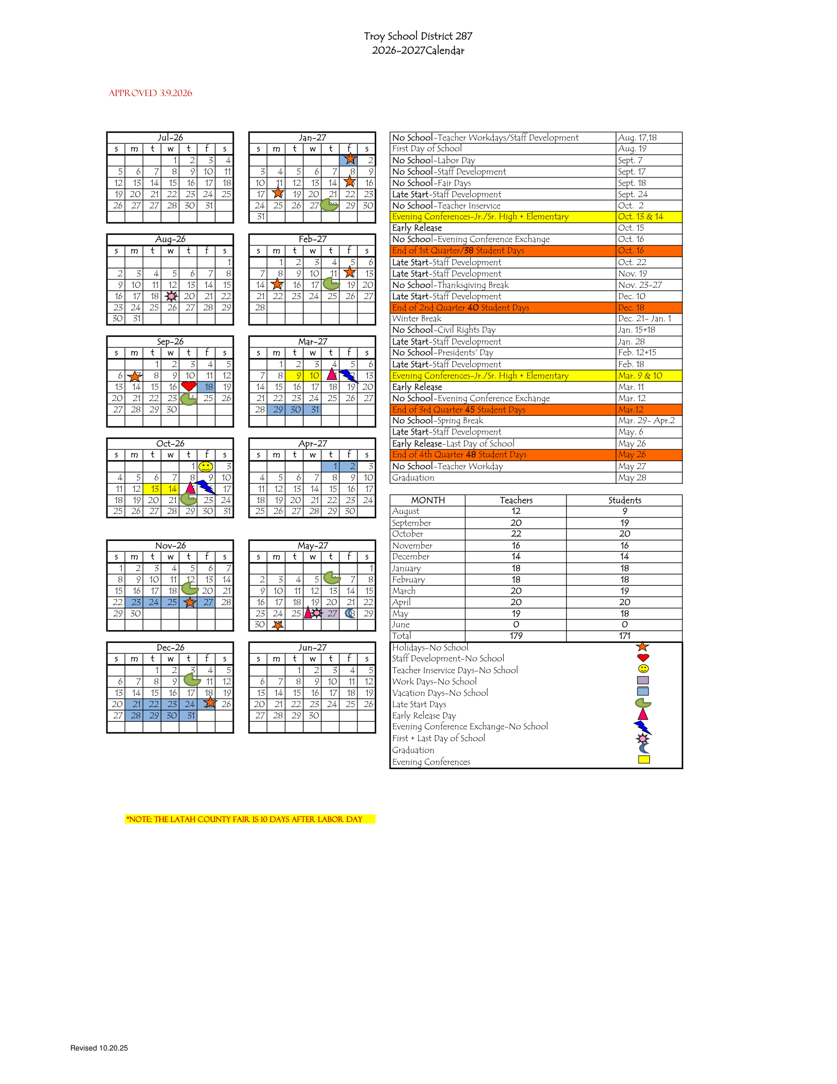 Troy School District 287 2026-2027 Academic Calendar