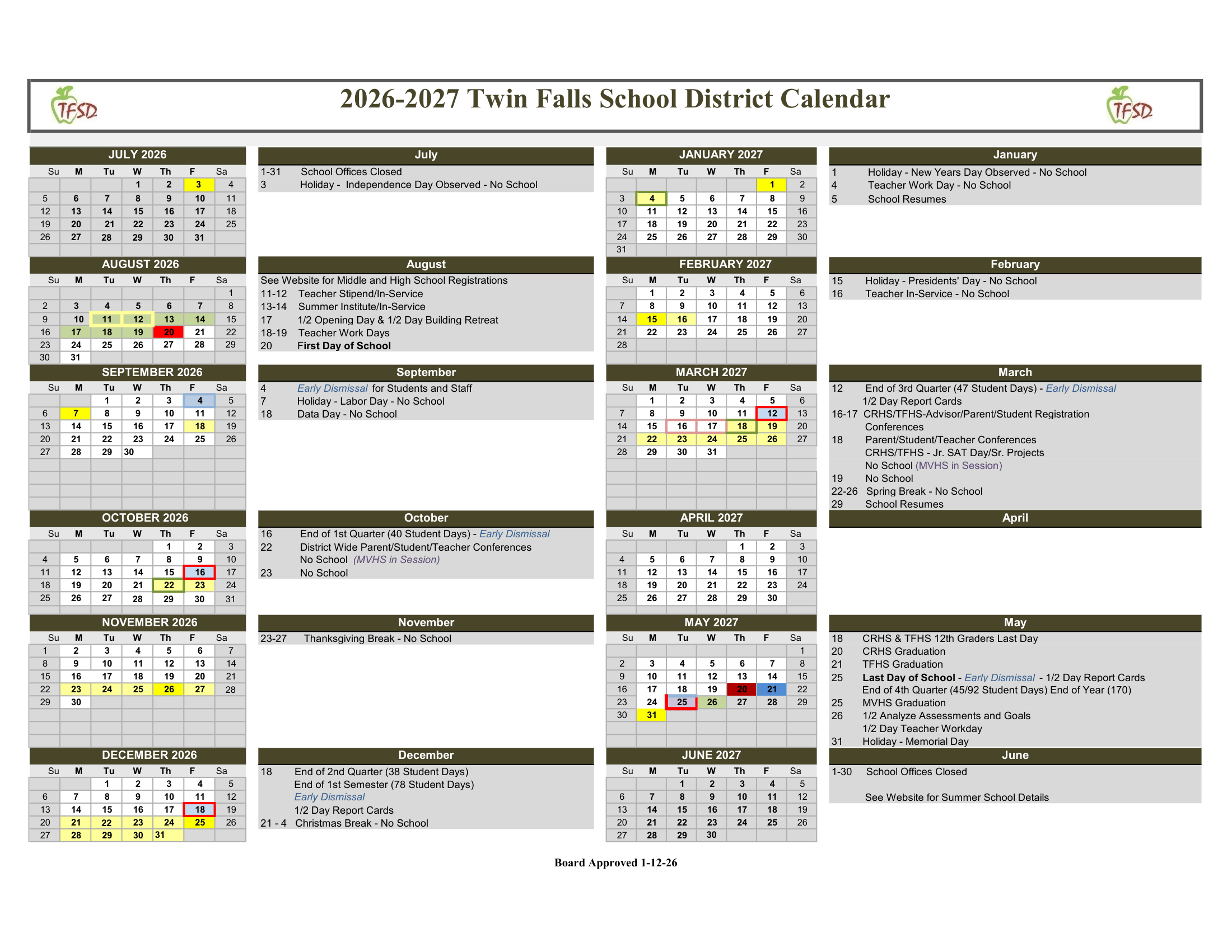 Twin Falls School District 2026-2027 Academic Calendar