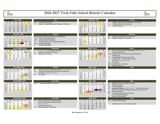 Twin Falls School District 2026–2027 Academic Calendar