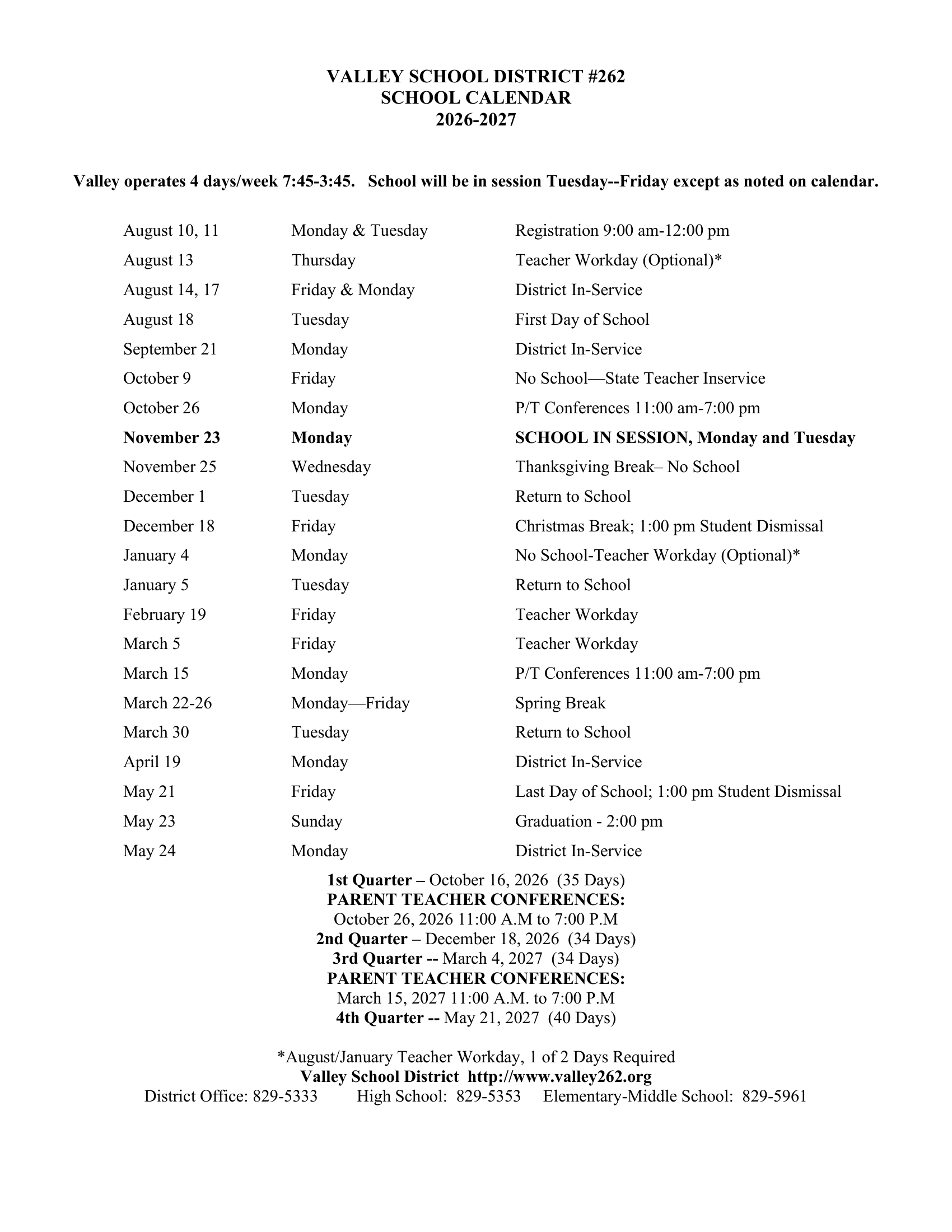 Valley School District #262 2026-2027 Academic Calendar