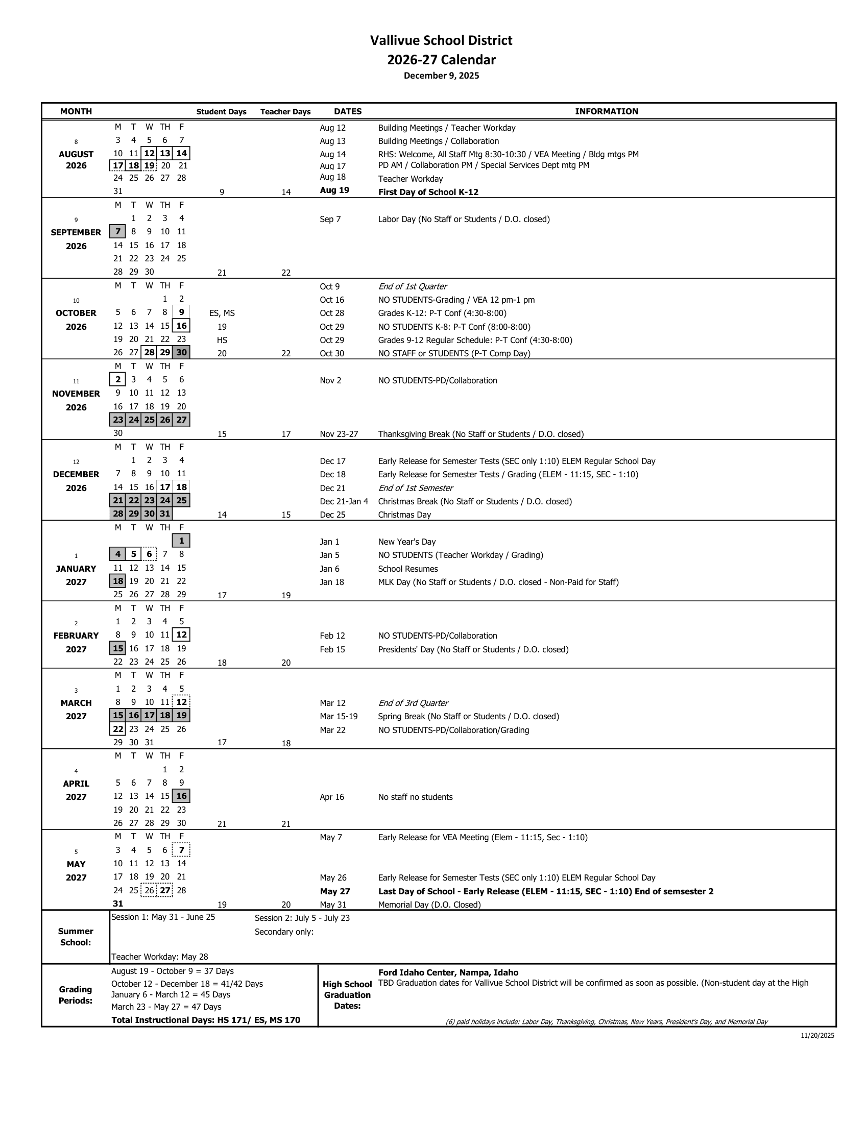 Vallivue School District 2026-2027 Academic Calendar