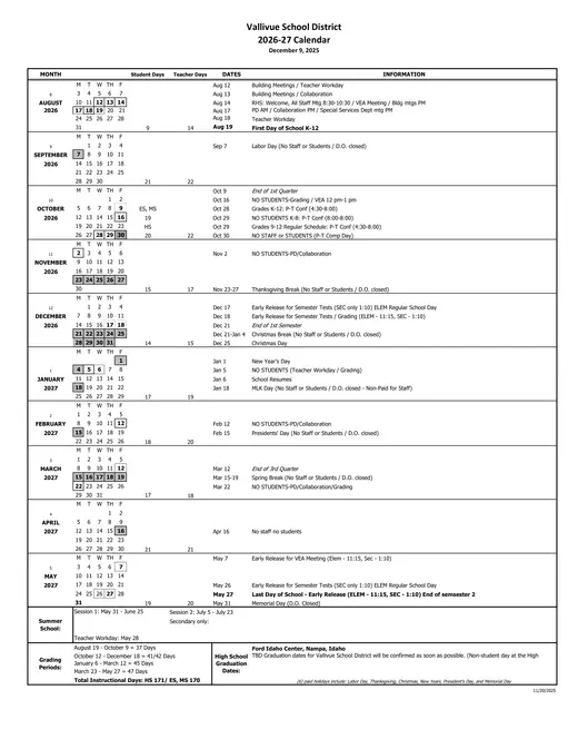 Vallivue School District 2026–2027 Academic Calendar
