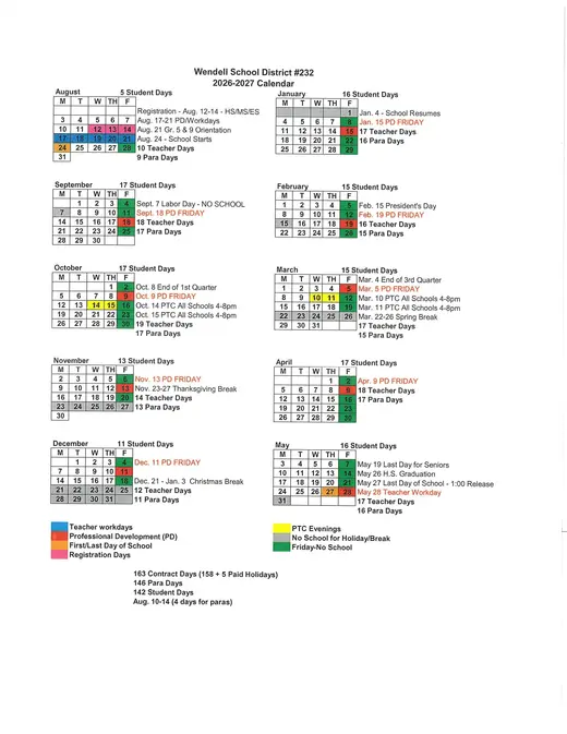 Wendell School District #232 2026–2027 Academic Calendar