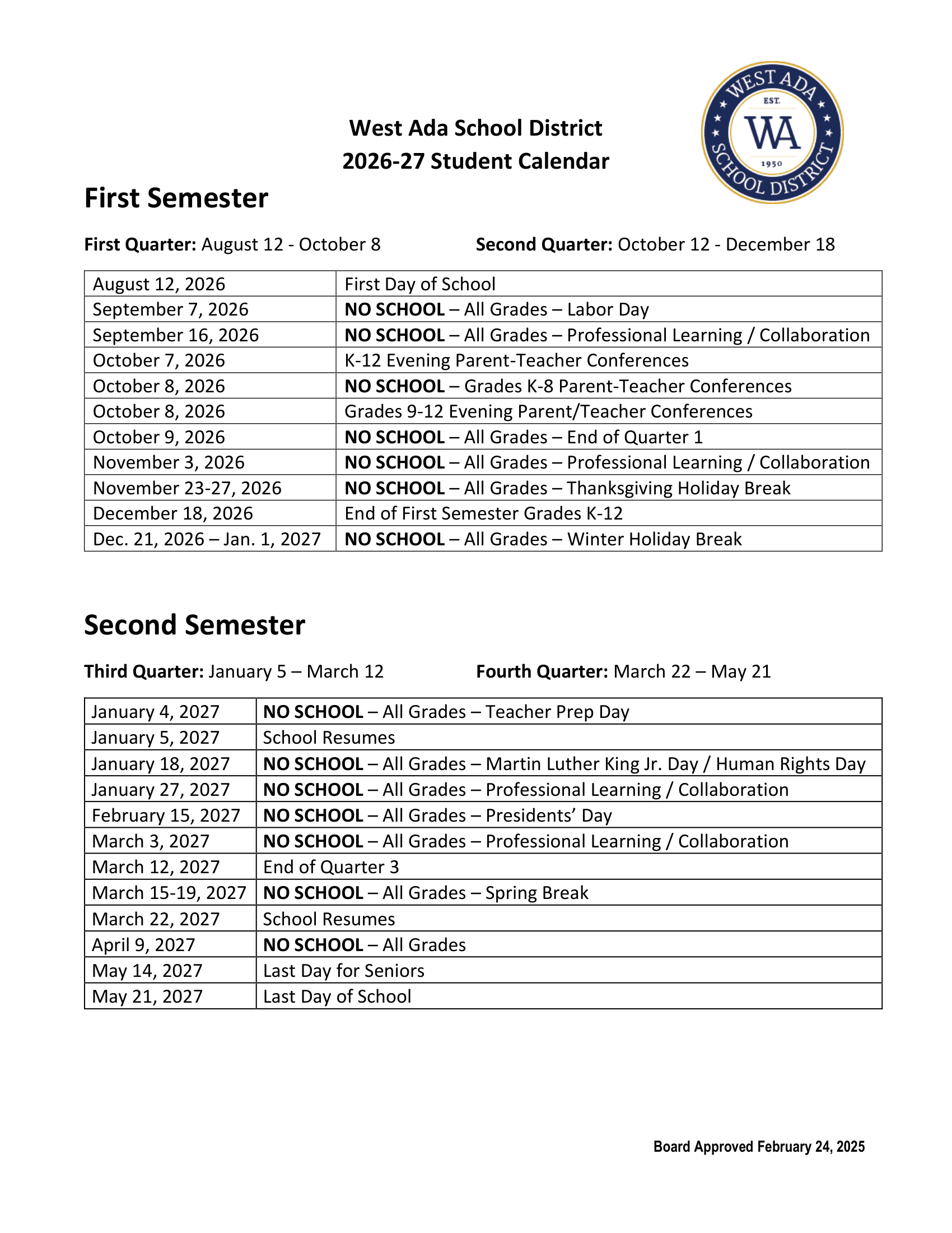 West Ada School District 2026-2027 Academic Calendar