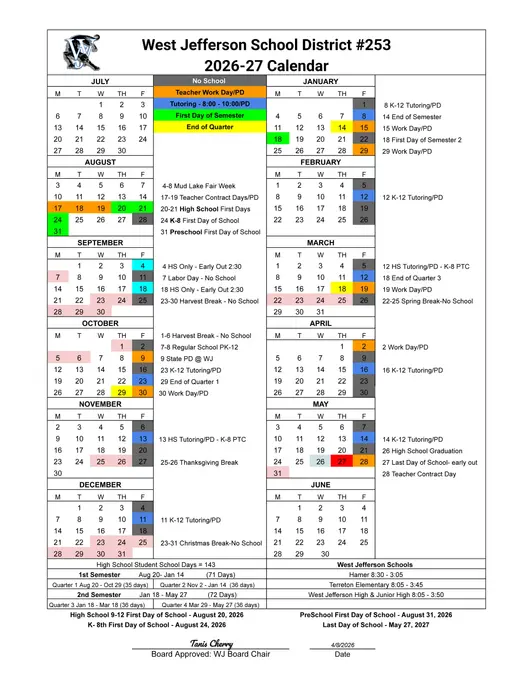 West Jefferson School District #253 2026–2027 Academic Calendar Page 2