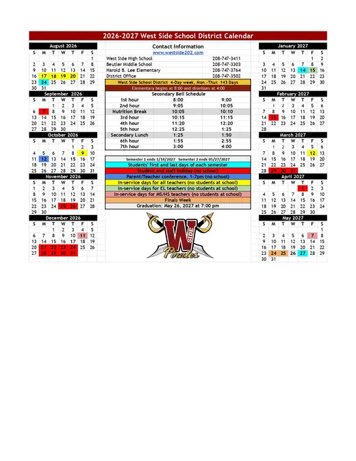 West Side School District 2026–2027 Academic Calendar