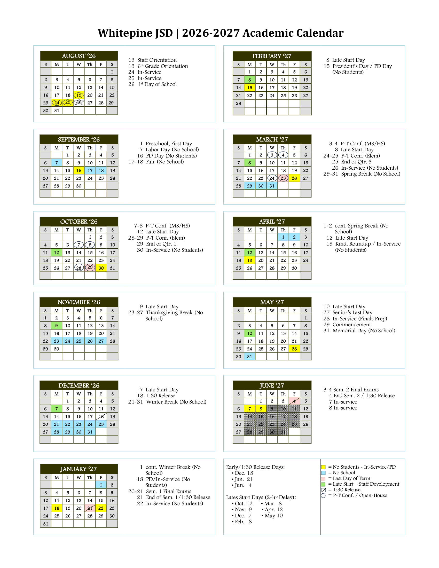 Whitepine JSD School 2026-2027 Academic Calendar