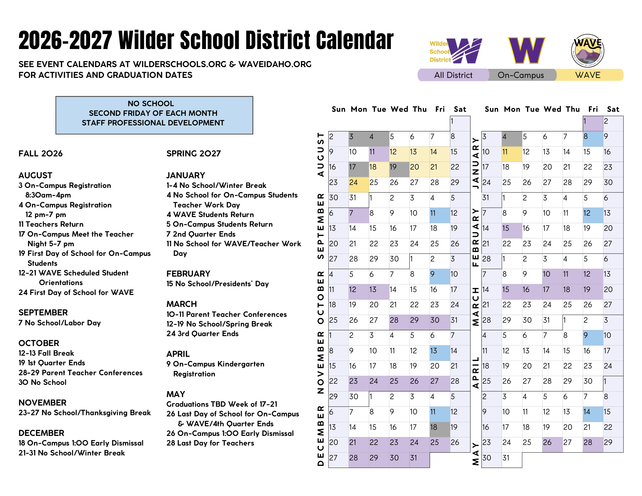 Wilder School District 2026-2027 Academic Calendar