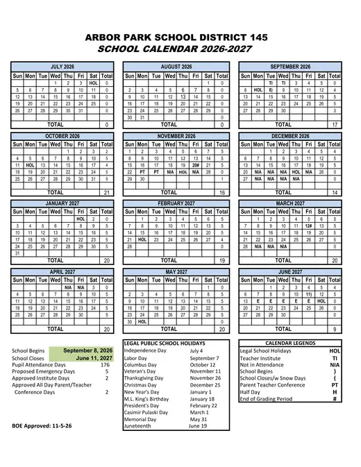 Arbor Park School District 145 2026–2027 Academic Calendar
