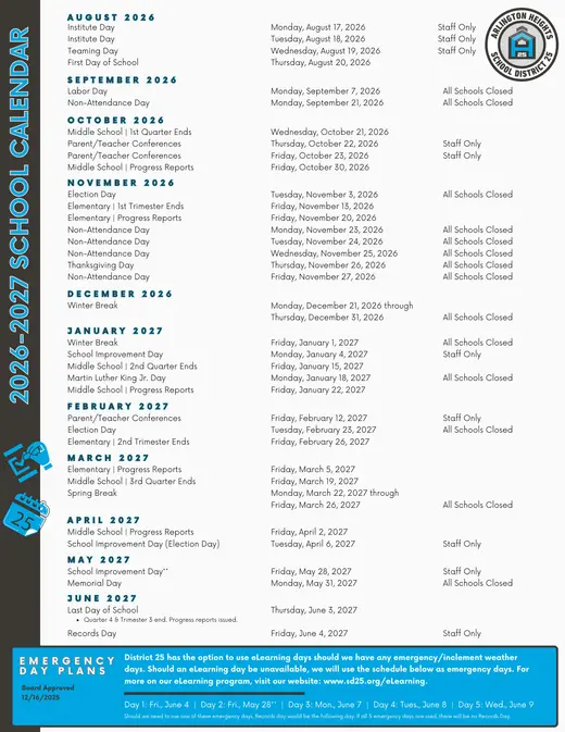 Arlington Heights School District 25 2026–2027 Academic Calendar