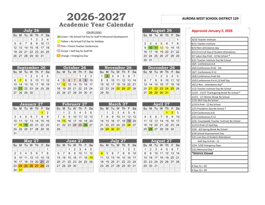 Aurora West Unit School District 129 2026–2027 Academic Calendar