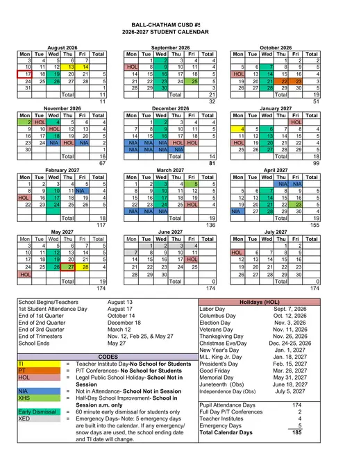 Ball-Chatham CUSD #5 2026–2027 Academic Calendar