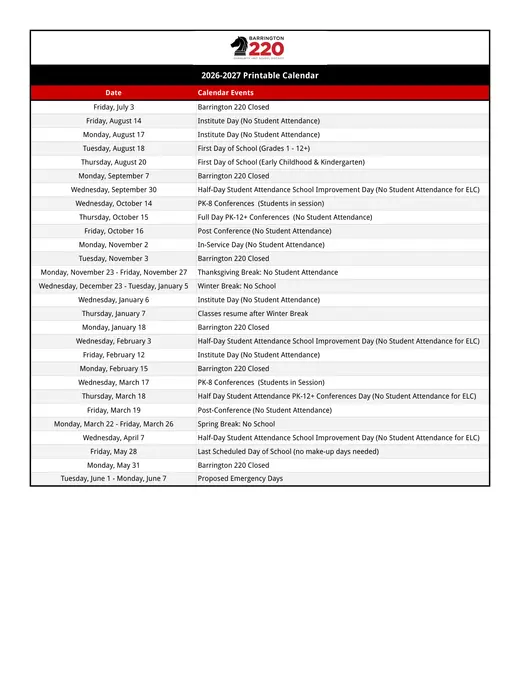 Barrington 220 CUSD 2026–2027 Academic Calendar