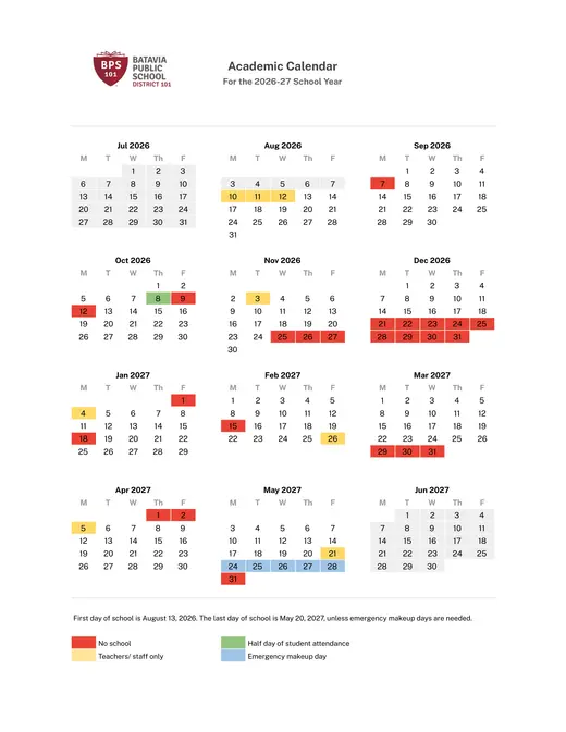 Batavia Public School District 101 2026–2027 Academic Calendar