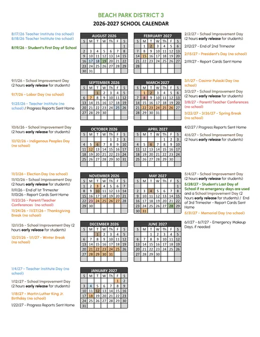 Beach Park District 3 2026–2027 Academic Calendar