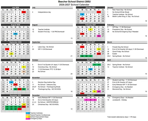 Beecher School District 200U 2026–2027 Academic Calendar Page 2