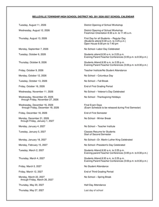 Belleville Township High School District 201 2026–2027 Academic Calendar