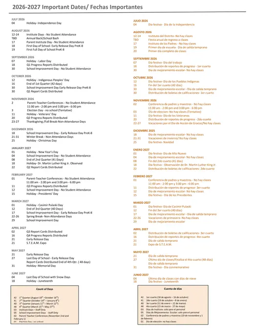 Bellwood School District 88 2026–2027 Academic Calendar Page 2