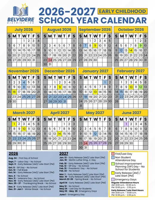 Belvidere District 100 2026–2027 Academic Calendar Page 2