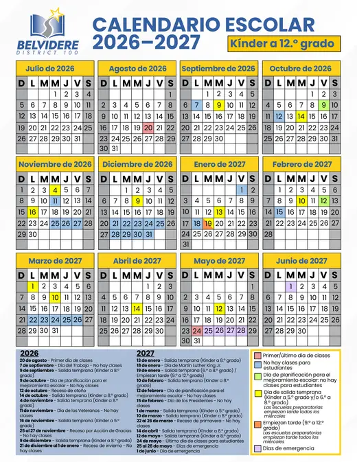Belvidere District 100 2026–2027 Academic Calendar Page 3
