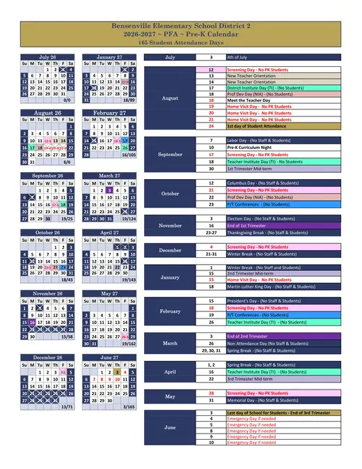 Bensenville Elementary School District 2 2026–2027 Academic Calendar