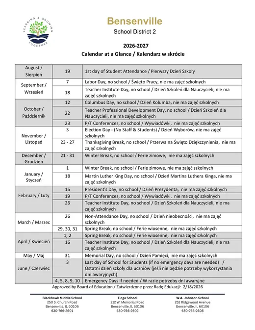 Bensenville School District 2 2026–2027 Academic Calendar