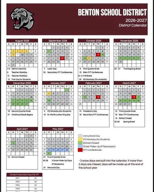 Benton School District 2026–2027 Academic Calendar Page 2